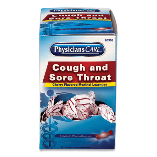 Image of PhysiciansCare® 90306 Cough and Sore Throat, Cherry Menthol Lozenges, Individually Wrapped, 50/Box