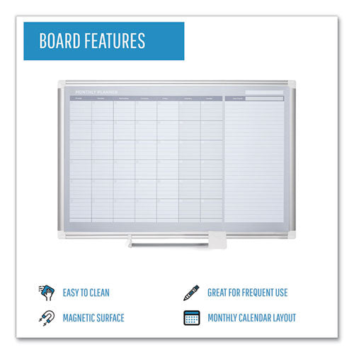 Image of MasterVision® GA0597830 Magnetic Dry Erase Calendar Board, Monthly Planning/Scheduling, 48" x 36", White Surface, Satin Aluminum Frame