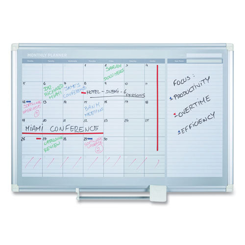 Image of MasterVision® GA0597830 Magnetic Dry Erase Calendar Board, Monthly Planning/Scheduling, 48" x 36", White Surface, Satin Aluminum Frame