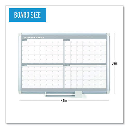 Image of MasterVision® GA05105830 Magnetic Dry Erase Calendar Board, Four-Month Planning/Scheduling, 48" x 36", White Surface, Satin Aluminum Frame