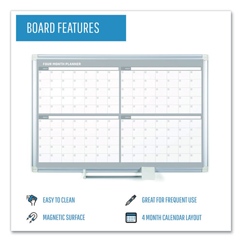 Image of MasterVision® GA05105830 Magnetic Dry Erase Calendar Board, Four-Month Planning/Scheduling, 48" x 36", White Surface, Satin Aluminum Frame