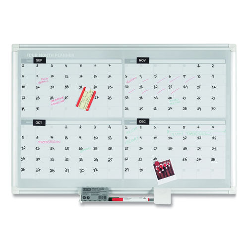 Image of MasterVision® GA05105830 Magnetic Dry Erase Calendar Board, Four-Month Planning/Scheduling, 48" x 36", White Surface, Satin Aluminum Frame