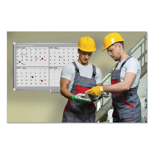 Image of MasterVision® GA05105830 Magnetic Dry Erase Calendar Board, Four-Month Planning/Scheduling, 48" x 36", White Surface, Satin Aluminum Frame