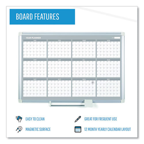 Image of MasterVision® GA05106830 Magnetic Dry Erase Calendar Board, 12-Month Planning/Scheduling, 48" x 36", White Surface, Satin Aluminum Frame