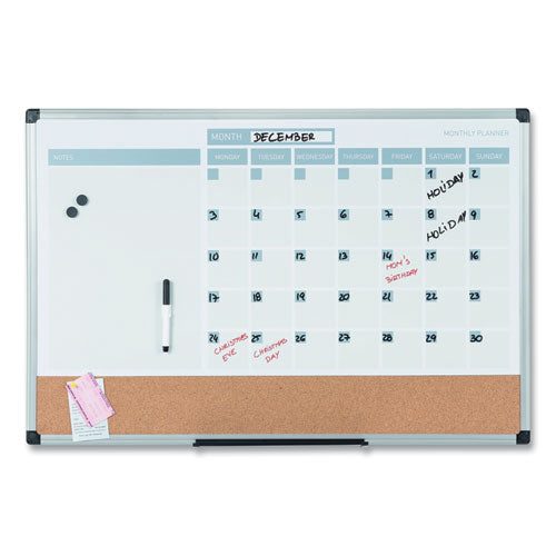 Image of MasterVision® MB0707186P 3-in-1 Calendar Planner, Monthly Planning/Scheduling Calendar, 36" x 24", White Surface, Satin Aluminum Frame