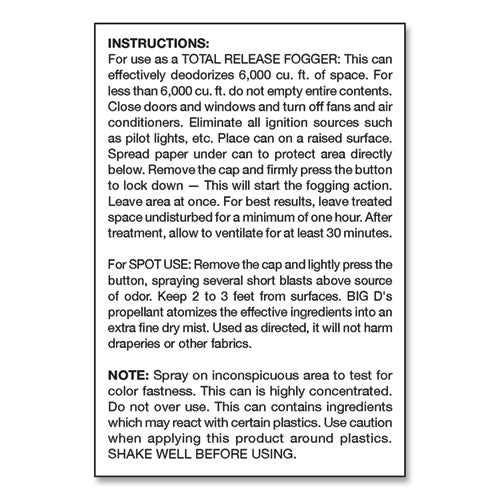 Image of Big D Industries 034400 Odor Control Fogger, Mountain Air Scent, 5 Oz Aerosol Spray, 12/carton