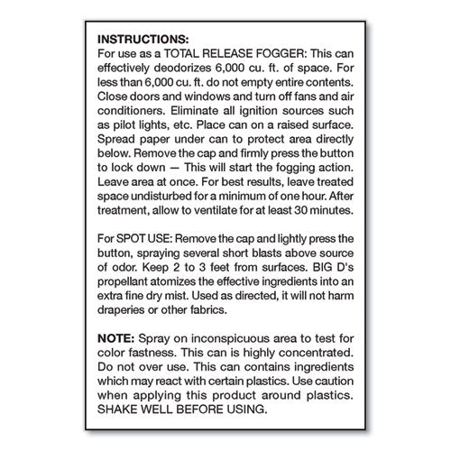 Image of Big D Industries 034100 Odor Control Fogger, Original Scent, 5 Oz Aerosol Spray, 12/carton