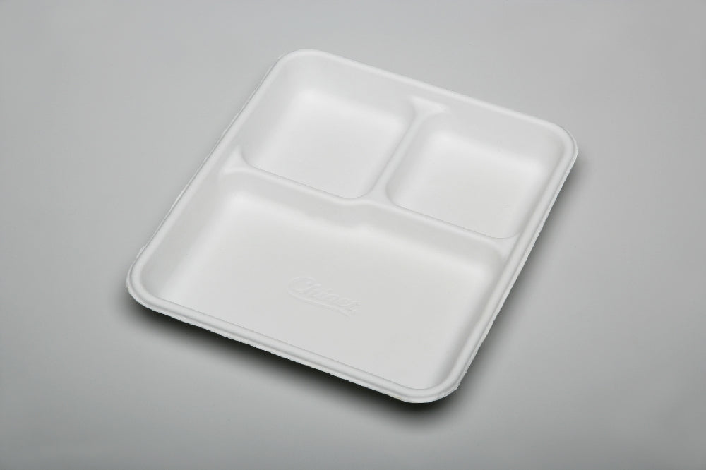 Skilcraft 3 Compartment Disposable Plate, Rectangular, White, 8" x 10"