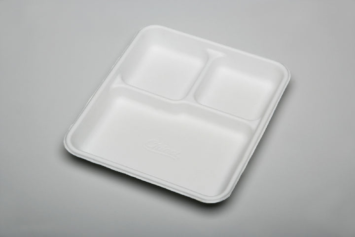 Skilcraft 3 Compartment Disposable Plate, Rectangular, White, 8" x 10"