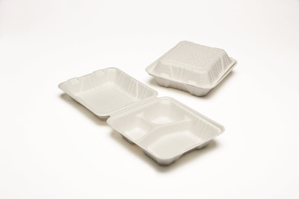 Image of SKILCRAFT® Clamshell Hinged Lid To Go Food Containers, 8" x 8" x 3", 3 Compartment
