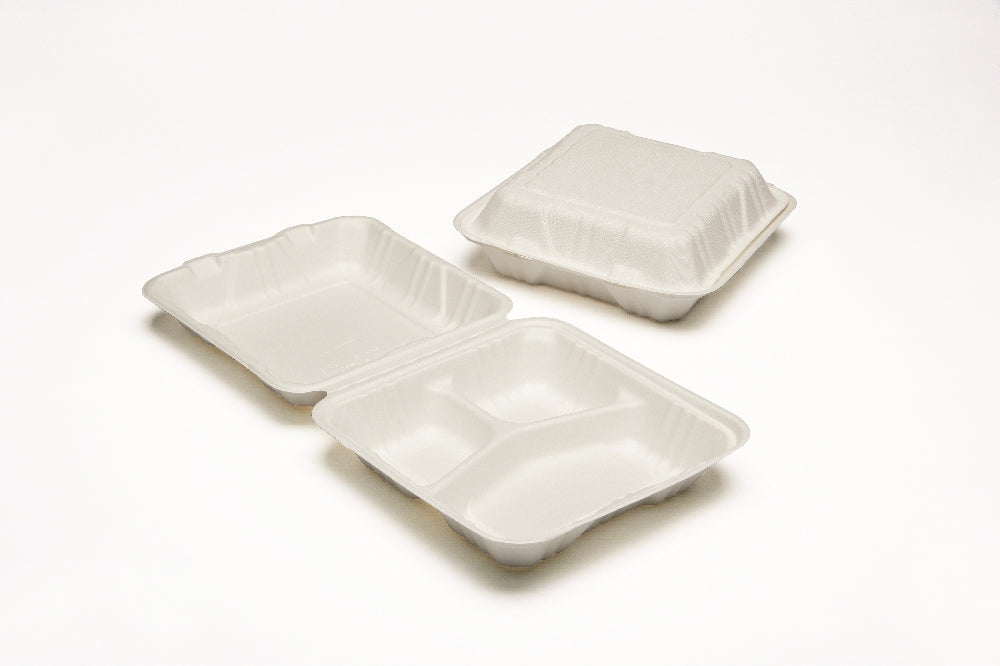 Image of SKILCRAFT® Clamshell Hinged Lid To Go Food Containers, 9" x 9" x 3", 3 Compartment