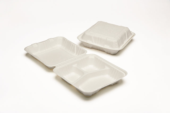 Image of SKILCRAFT® Clamshell Hinged Lid To Go Food Containers, 9" x 9" x 3", 3 Compartment