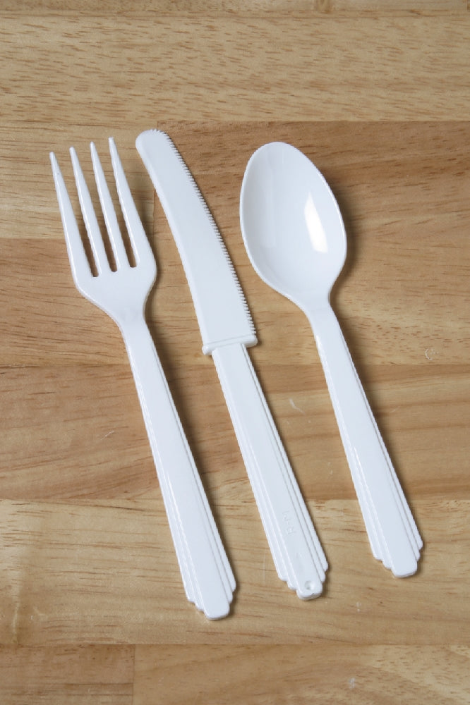 Image of SKILCRAFT® 3-Piece Plastic Flatware Set, Type III, Heavy-Duty, Individually Wrapped, White