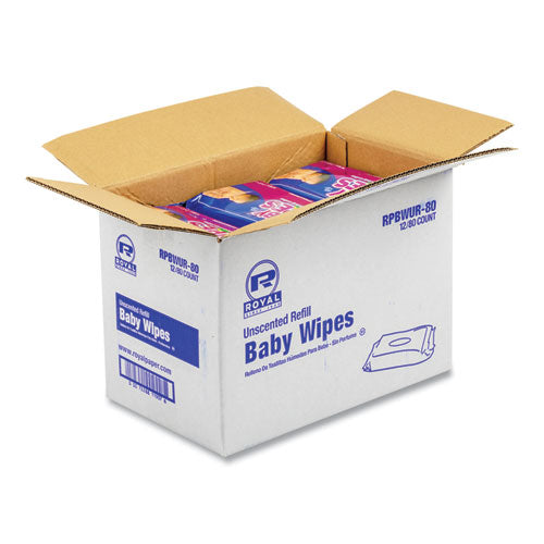 Image of AmerCareRoyal® RPBWUR-80 Baby Wipes Refill Pack, 8 x 7, Unscented, White, 80/Pack, 12 Packs/Carton