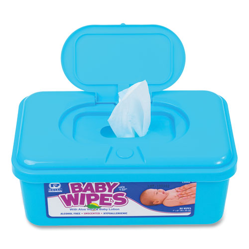 Image of AmerCareRoyal® RPBWU-80 Baby Wipes Tub, Unscented, White, 80/Tub, 12 Tubs/Carton