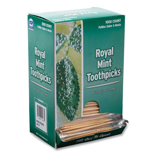 Image of AmerCareRoyal® RM115 Cello-Wrapped Round Wood Toothpicks, Mint, 2.5", Natural, 1,000/Box, 15 Boxes/Carton
