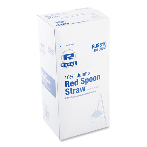 Image of AmerCareRoyal® RJSS10 Jumbo Spoon Straw, 10.25", Plastic, Red, 300/pack, 18 Packs/carton