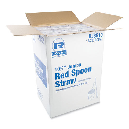 Image of AmerCareRoyal® RJSS10 Jumbo Spoon Straw, 10.25", Plastic, Red, 300/pack, 18 Packs/carton