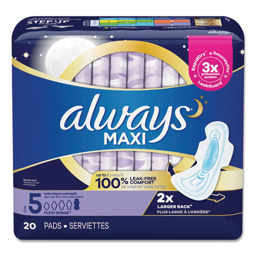 Image of Always® 17902 Maxi Pads, Size 5, Extra Heavy Overnight Absorbency, 20/Pack, 6 Packs/Carton