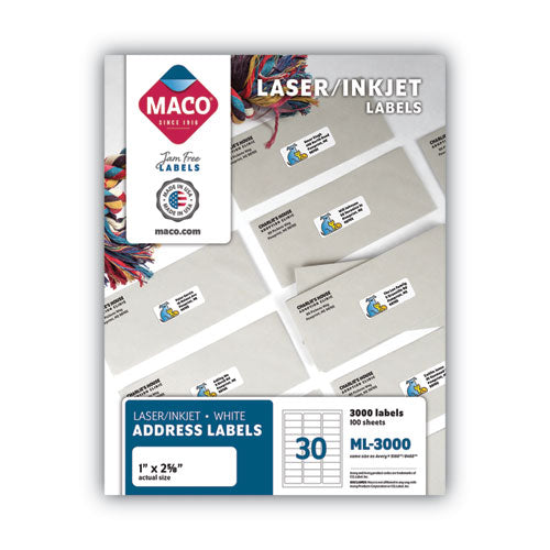 Image of MACO® MML-3000 White Laser/inkjet Shipping Address Labels, Inkjet/laser Printers, 1 X 2.63, White, 30 Labels/sheet, 100 Sheets/box