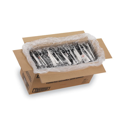 Image of Dixie® CH56NSPC7 Wrapped Tableware/Napkin Packets, Mediumweight, Fork/Knife/Napkin/Spoon, Plastic, Black, 250/Carton