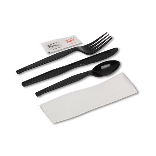 Image of Dixie® CH56NSPC7 Wrapped Tableware/Napkin Packets, Mediumweight, Fork/Knife/Napkin/Spoon, Plastic, Black, 250/Carton
