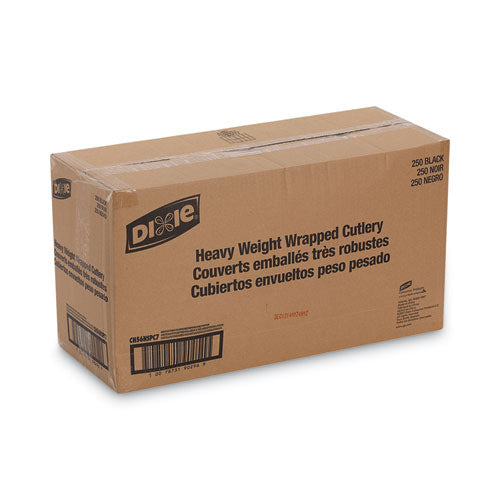 Image of Dixie® CH56NSPC7 Wrapped Tableware/Napkin Packets, Mediumweight, Fork/Knife/Napkin/Spoon, Plastic, Black, 250/Carton