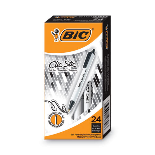 Image of BIC® CSM241-BK Clic Stic Ballpoint Pen Value Pack, Retractable, Medium 1 Mm, Black Ink, White Barrel, 24/pack