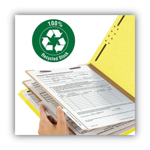 Image of Smead 14064 Recycled Pressboard Classification Folders, 2/5-Cut Tab, Expands 2", 2 Dividers, 6 Fasteners, Letter Size, Yellow, 10/BX