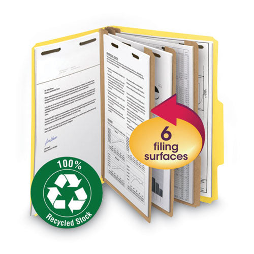 Image of Smead 14064 Recycled Pressboard Classification Folders, 2/5-Cut Tab, Expands 2", 2 Dividers, 6 Fasteners, Letter Size, Yellow, 10/BX