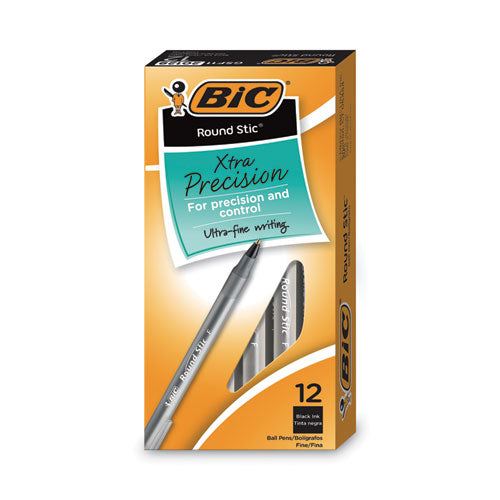 Image of BIC® GSF11 BLK Round Stic Xtra Precision Ballpoint Pen, Stick, Fine 0.8 Mm, Black Ink, Smoke Barrel, Dozen