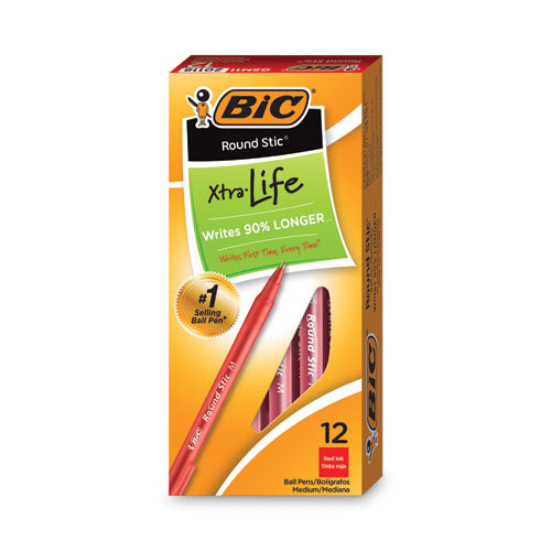 Image of BIC® GSM11 RED Round Stic Xtra Life Ballpoint Pen, Stick, Medium 1 Mm, Red Ink, Translucent Red Barrel, Dozen