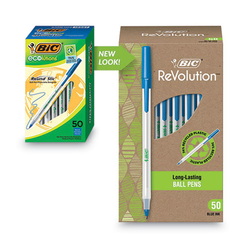 Image of BIC® GSME509BE Ecolutions Round Stic Ballpoint Pen Value Pack, Stick, Medium 1 Mm, Blue Ink, Clear Barrel, 50/pack