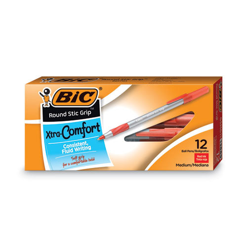 Image of BIC® GSMG11 RED Round Stic Grip Xtra Comfort Ballpoint Pen, Easy-Glide System, Stick, Medium 1.2 mm, Red Ink, Gray/Red Barrel, Dozen