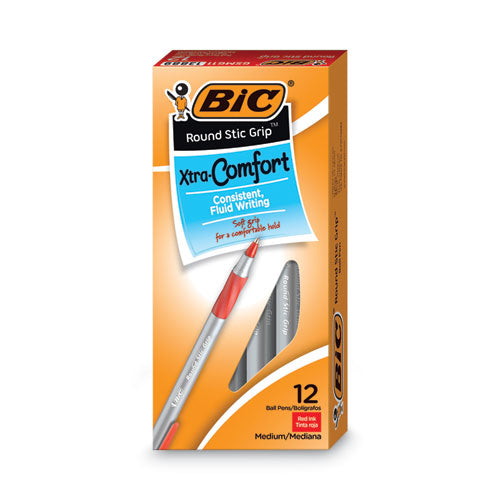 Image of BIC® GSMG11 RED Round Stic Grip Xtra Comfort Ballpoint Pen, Easy-Glide System, Stick, Medium 1.2 mm, Red Ink, Gray/Red Barrel, Dozen