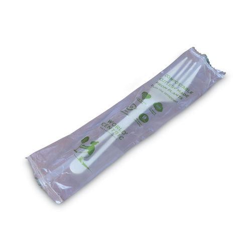 Image of World Centric® FO-PS-I TPLA Wrapped Cutlery, Fork, Plastic, Light Beige 750/Carton
