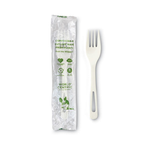 Image of World Centric® FO-PS-I TPLA Wrapped Cutlery, Fork, Plastic, Light Beige 750/Carton