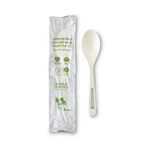 Image of World Centric® SP-PS-I TPLA Wrapped Cutlery, Spoon, Plastic, Light Beige, 750/Carton