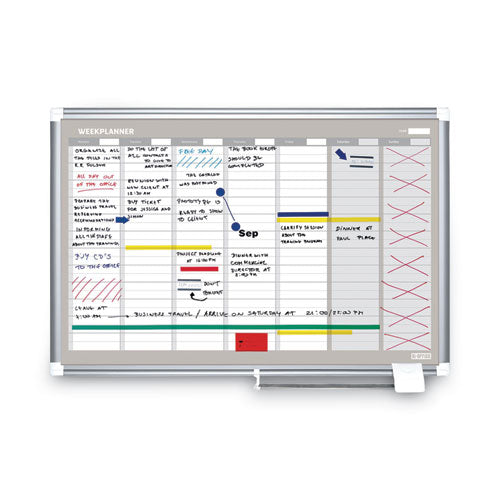 Image of MasterVision® GA0396830 Magnetic Dry Erase Calendar Board, Weekly Planning/Scheduling, 36" x 24", White Surface, Satin Aluminum Frame