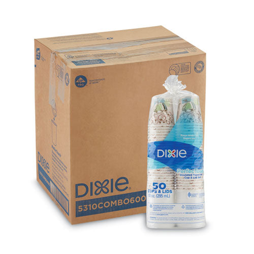 Image of Dixie® 5310COMBO600 PerfecTouch Paper Hot Cups and Lids Combo, 10 oz, Coffee Haze Design, 50/Pack, 6 Packs/Carton