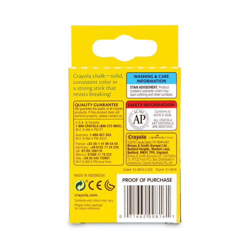 Image of Crayola® 510816 Chalk, 3" x 0.38" Diameter, 6 Assorted Colors, 12 Sticks/Box