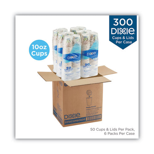 Image of Dixie® 5310COMBO600 PerfecTouch Paper Hot Cups and Lids Combo, 10 oz, Coffee Haze Design, 50/Pack, 6 Packs/Carton