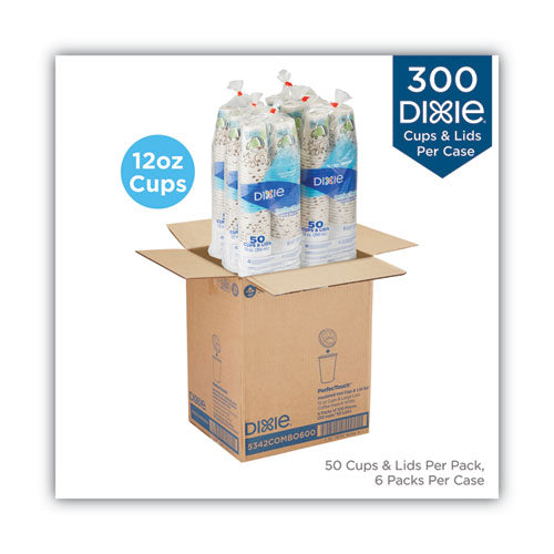 Image of Dixie® 5342COMBO600 PerfecTouch Paper Hot Cups and Lids Combo, 12 oz, Coffee Haze Design, 50/Pack, 6 Packs/Carton