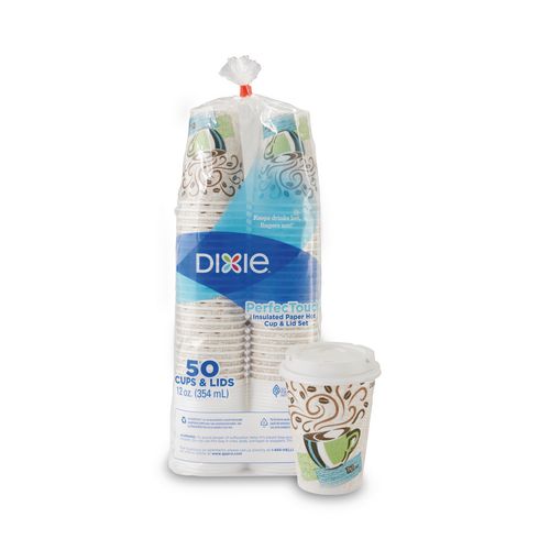 Image of Dixie® 5342COMBO600 Perfectouch Paper Hot Cups And Lids Combo, 12 Oz, Multicolor, 50 Cups/lids/pack