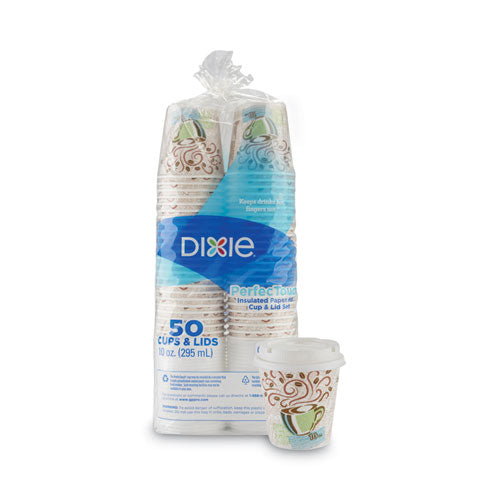 Image of Dixie® 5310COMBO600 PerfecTouch Paper Hot Cups and  Lids Combo, 10 oz, Multicolor, 50 Cups/Lids/Pack