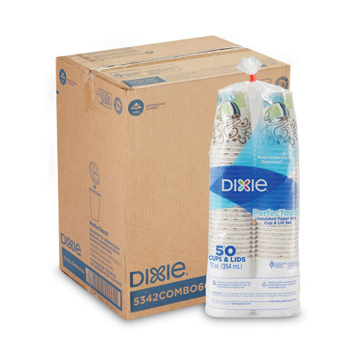 Image of Dixie® 5342COMBO600 PerfecTouch Paper Hot Cups and Lids Combo, 12 oz, Coffee Haze Design, 50/Pack, 6 Packs/Carton
