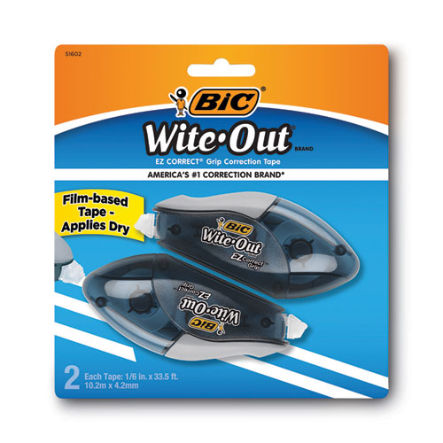 Image of BIC® WOECGP21-WHI Wite-Out Brand EZ Correct Grip Correction Tape, Non-Refillable, 0.17" x 33.5 ft, Translucent Smoke Dispenser, 2/Pack