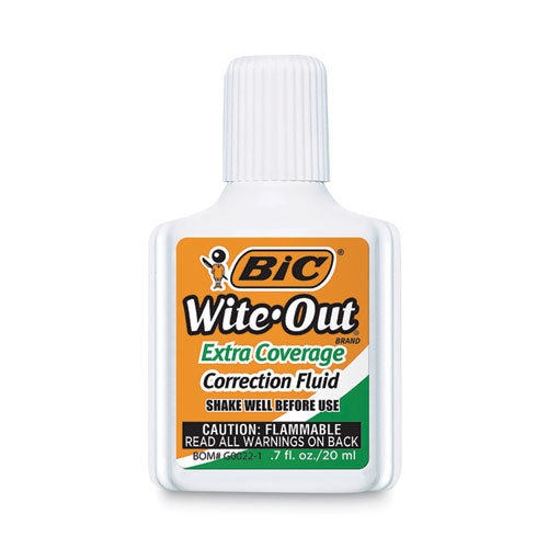 Image of BIC® WOFEC12WE Wite-Out Extra Coverage Correction Fluid Value Pack, Foam Brush Tip Applicator, 0.68 oz Bottle, White, Dozen