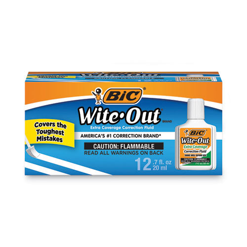 Image of BIC® WOFEC12WE Wite-Out Extra Coverage Correction Fluid Value Pack, Foam Brush Tip Applicator, 0.68 oz Bottle, White, Dozen