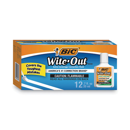 Image of BIC® WOFEC12WE Wite-Out Extra Coverage Correction Fluid Value Pack, Foam Brush Tip Applicator, 0.68 oz Bottle, White, Dozen
